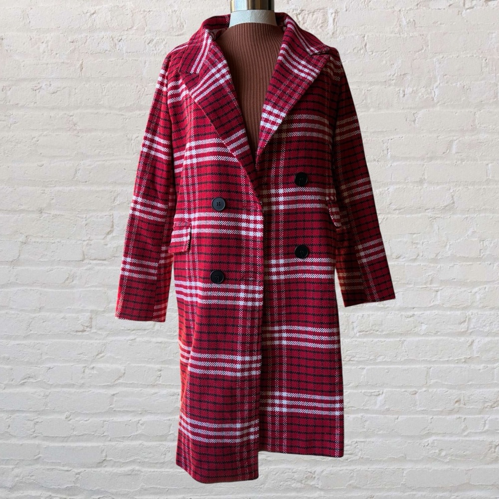 Chic Red Plaid Double-Breasted Pea Coat